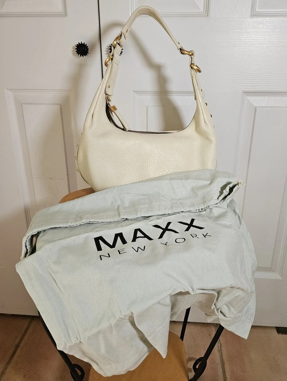 MAXX NEW YORK Cream Pebbled Leather with Gold Hardware Hobo Shoulder Bag